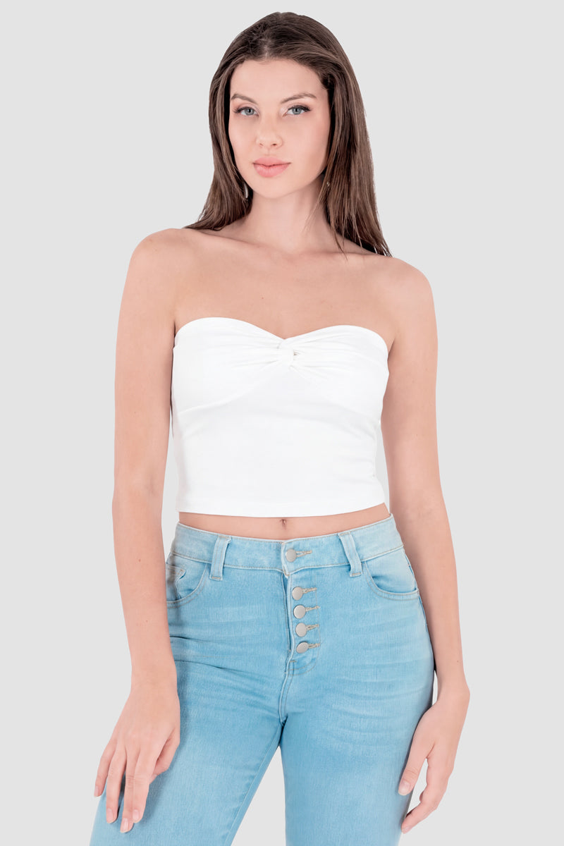 Blusa strapless con nudo delantero