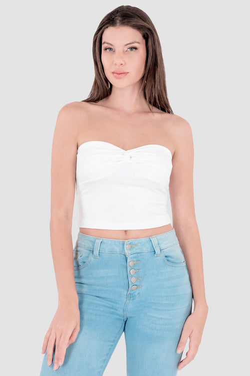 Blusa strapless con nudo delantero