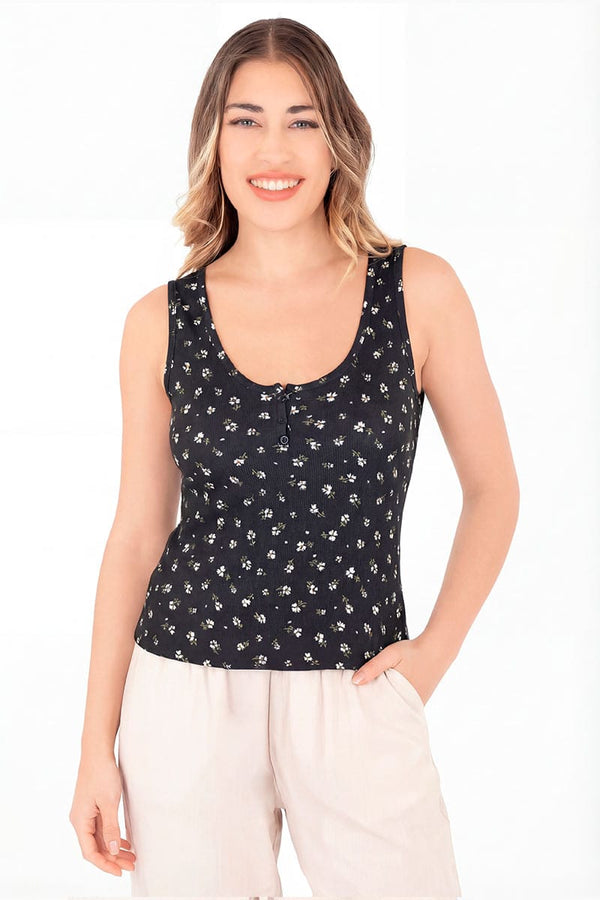 Playera floral sin manga y botones