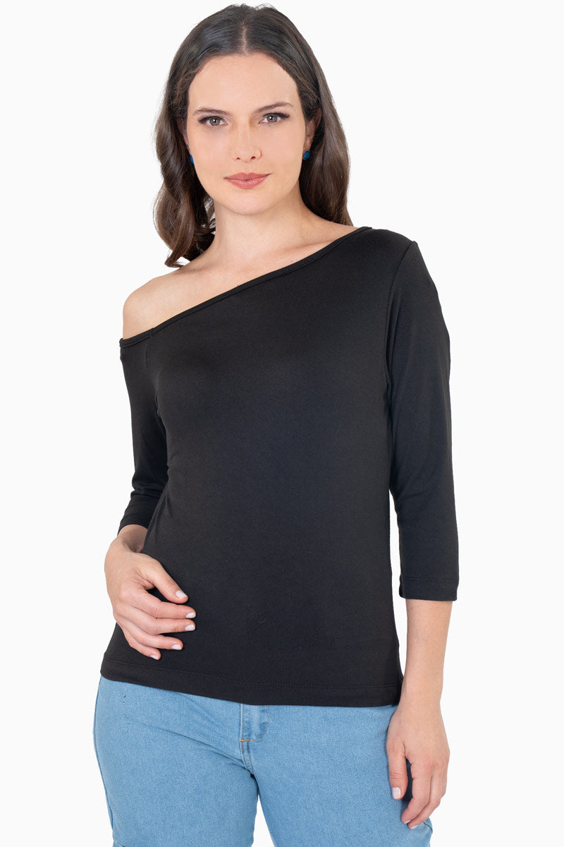 Blusa manga 3/4 escote asimétrico