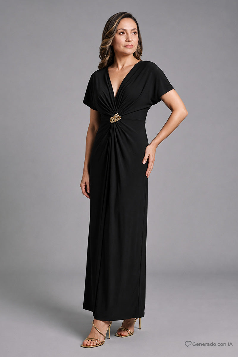 Vestido escote v con nudo en cintura y hebilla