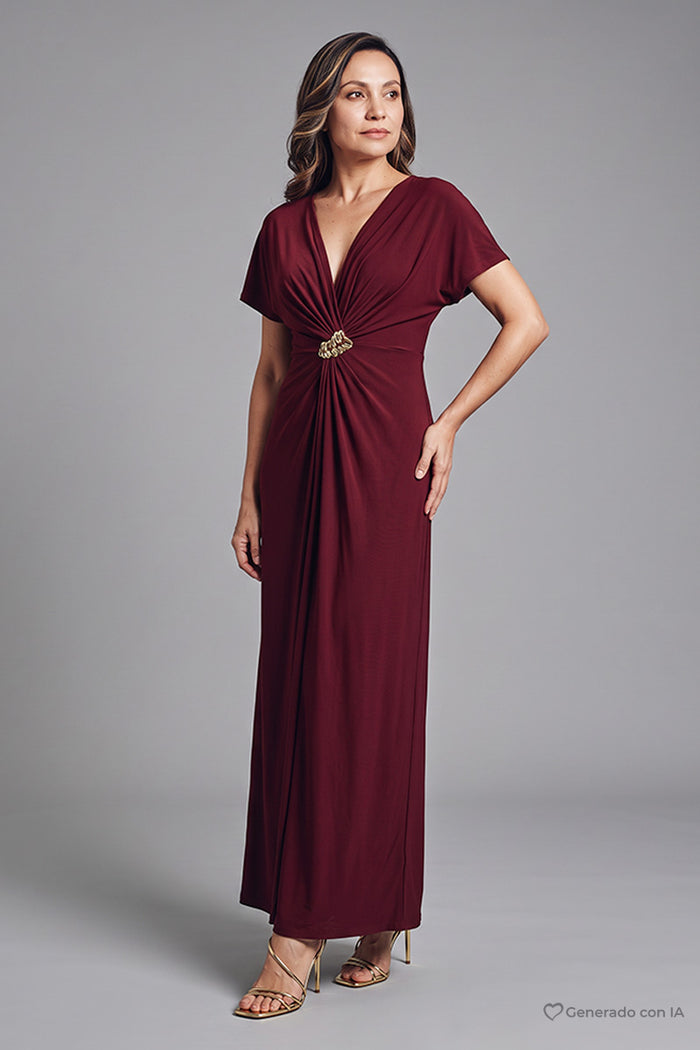 Vestido escote v con nudo en cintura y hebilla