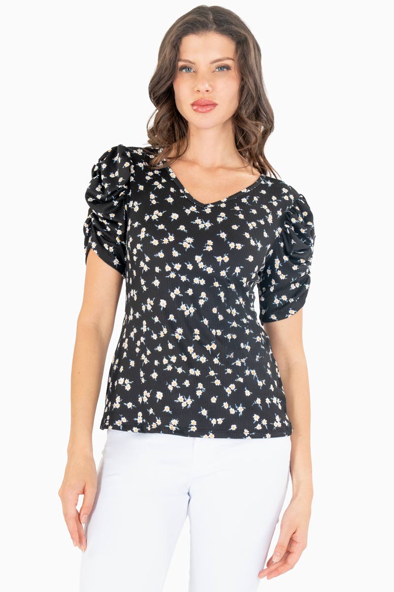 Blusa floral manga corta drapeada