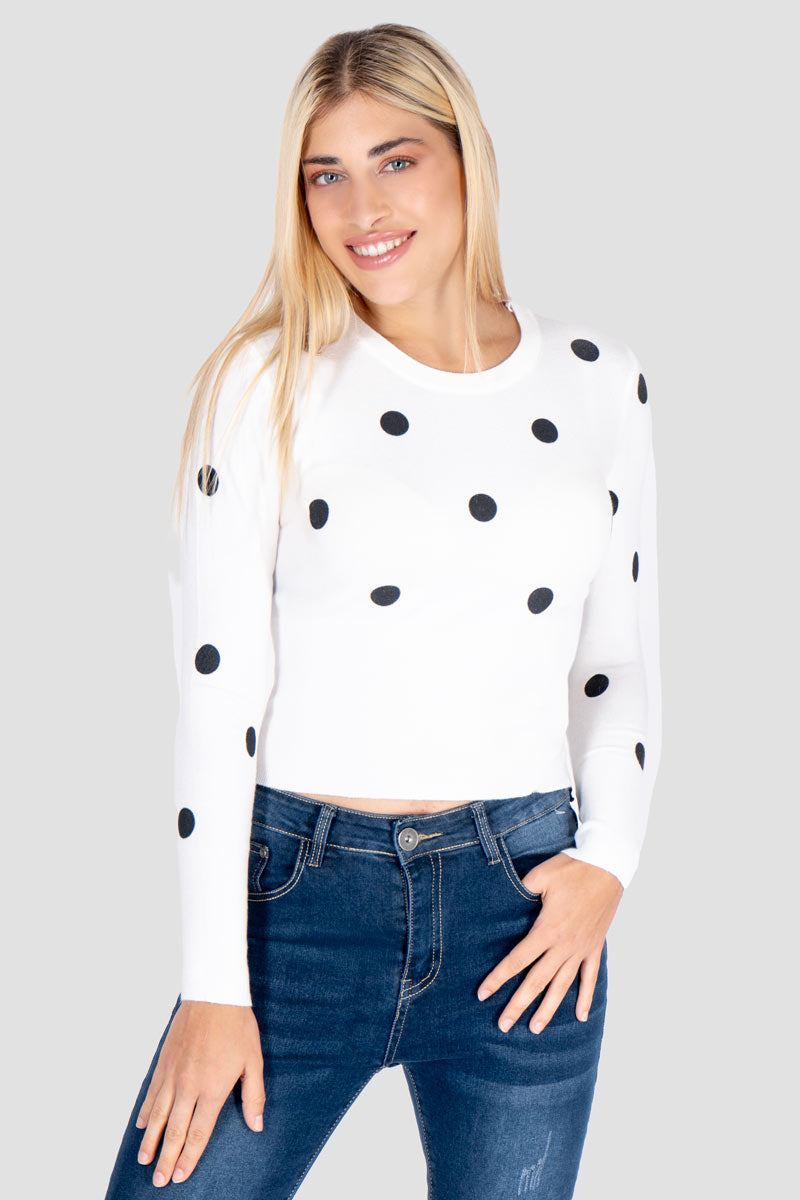 Suéter con estampado de lunares cuello redondo