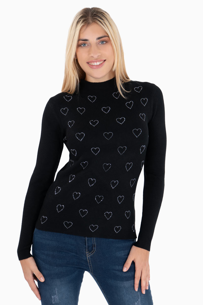 Suéter con estampad de corazones y cuello alto