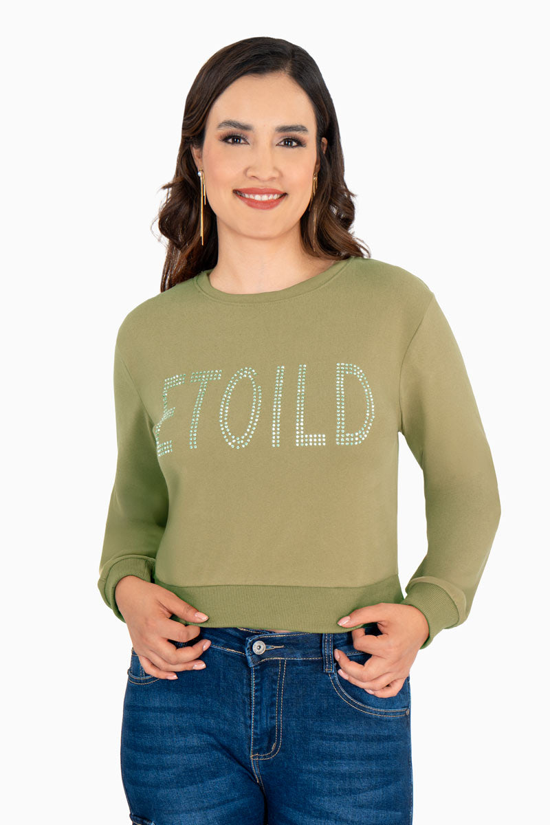 Sudadera estampada con pedrería y cuello redondo (7484325855299)