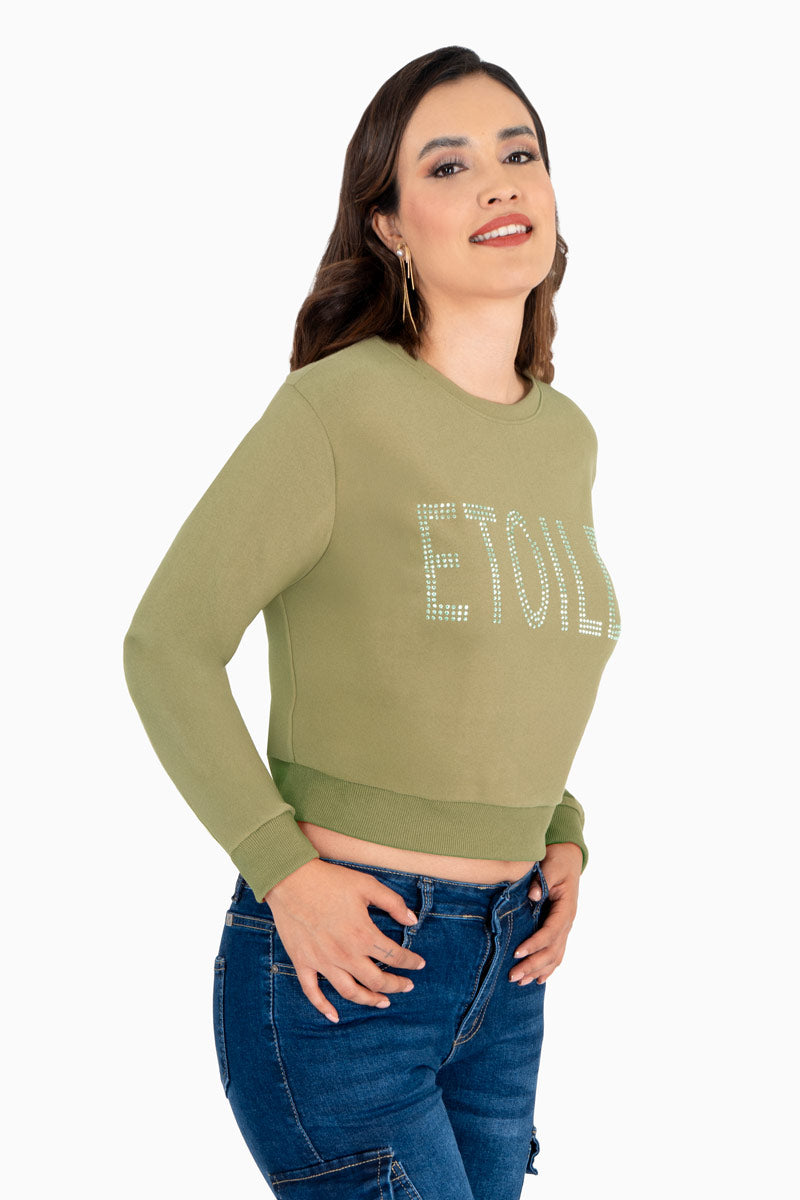 Sudadera estampada con pedrería y cuello redondo (7484325855299)