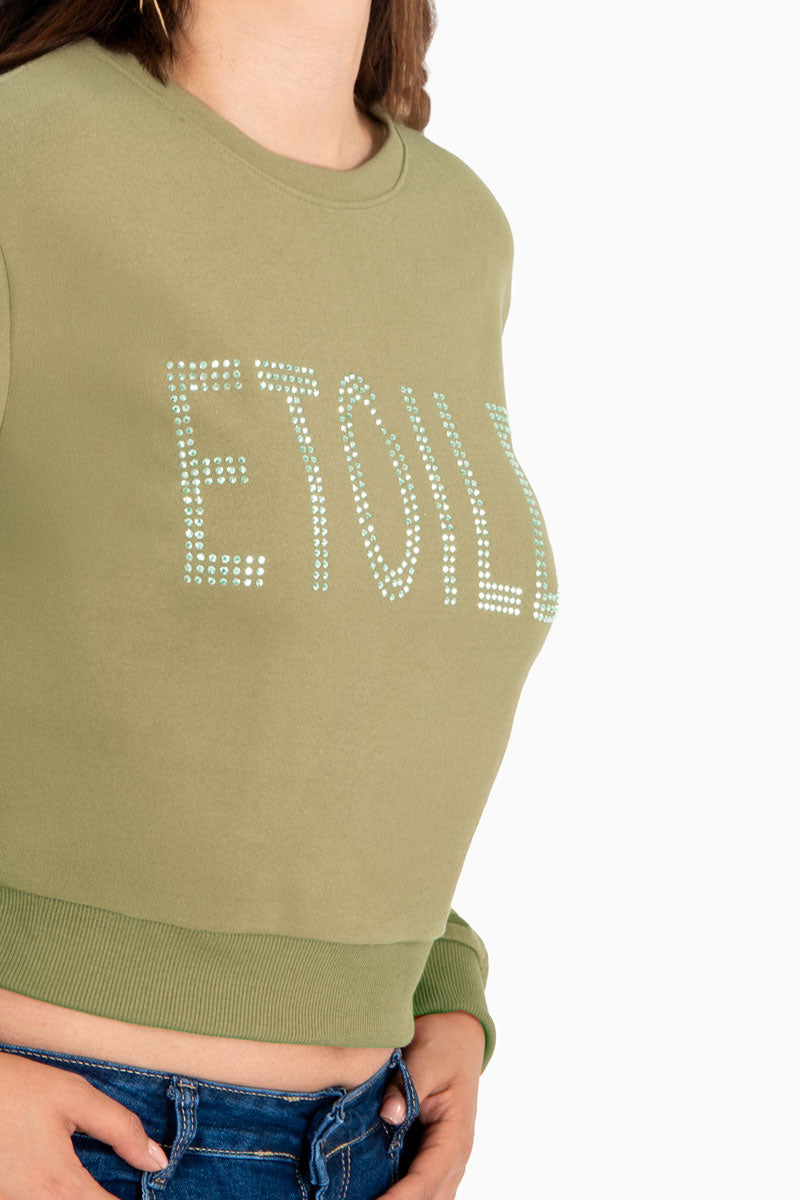 Sudadera estampada con pedrería y cuello redondo (7484325855299)