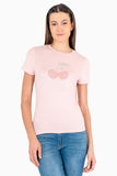 Playera rosa claro con estampado de cerezas