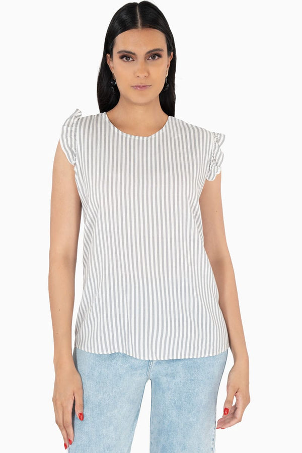 Blusa de rayas con escarola en hombro