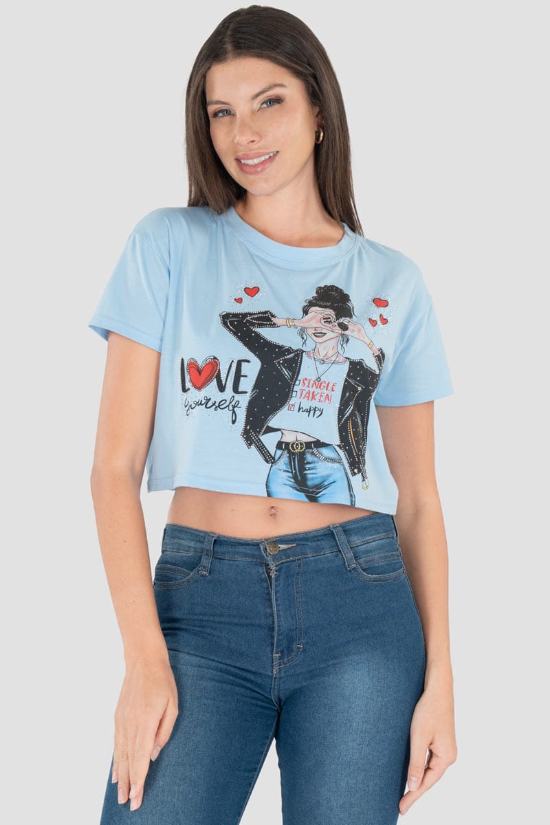 Playera crop con estampado y piedras