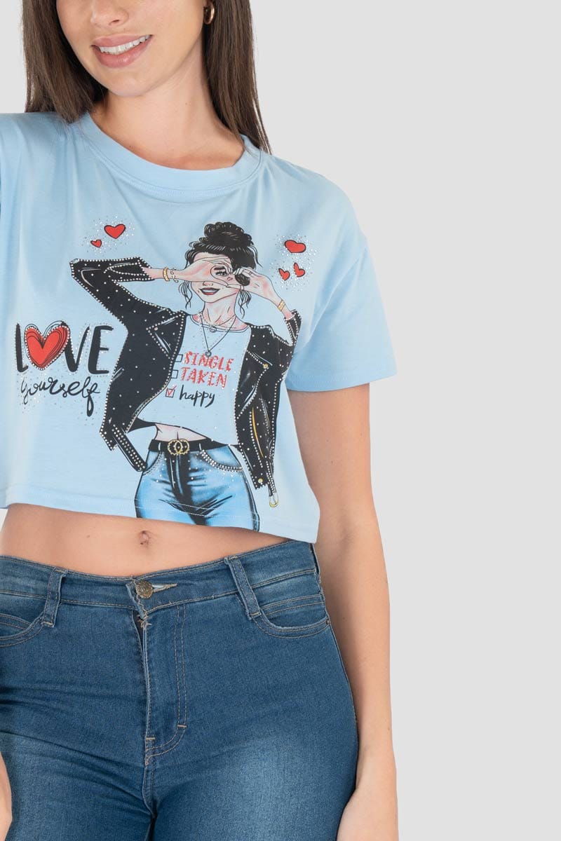 Playera crop con estampado y piedras