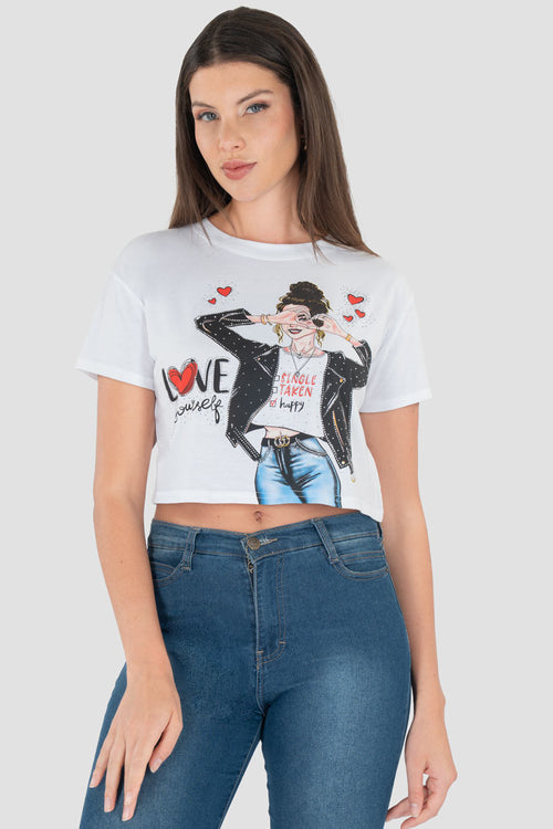 Playera crop con estampado y piedras