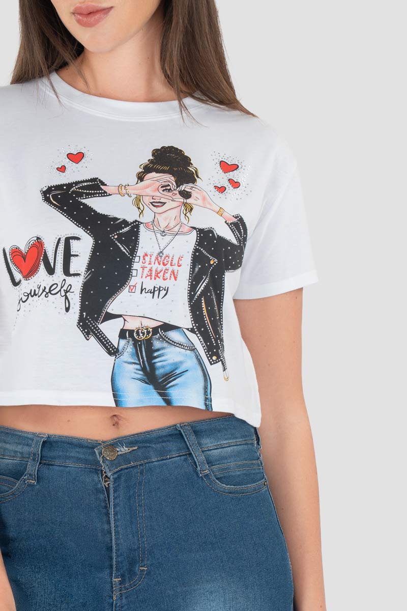 Playera crop con estampado y piedras
