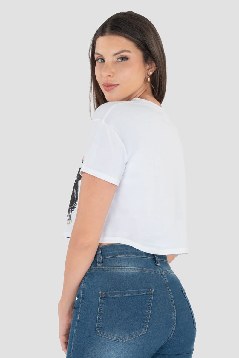 Playera crop con estampado y piedras