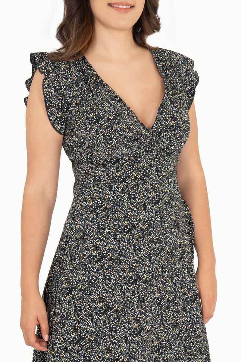 Vestido cruzado estampado con manga corta y cinto – Gris - Santory Ropa  (7473585979459)