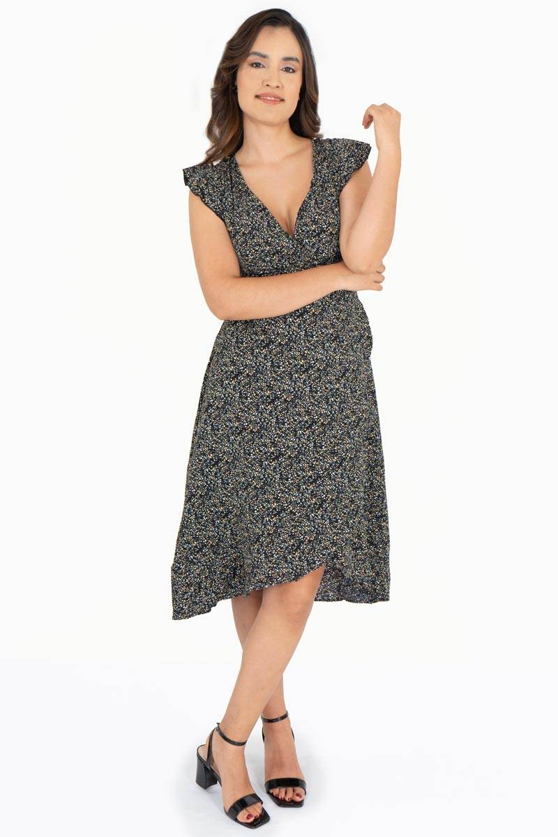 Vestido cruzado estampado con manga corta y cinto – Gris - Santory Ropa  (7473585979459)