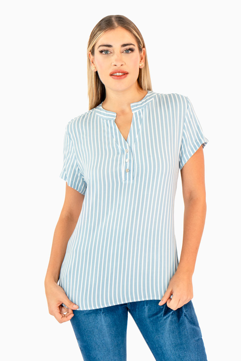 Blusa de rayas escote v con botones