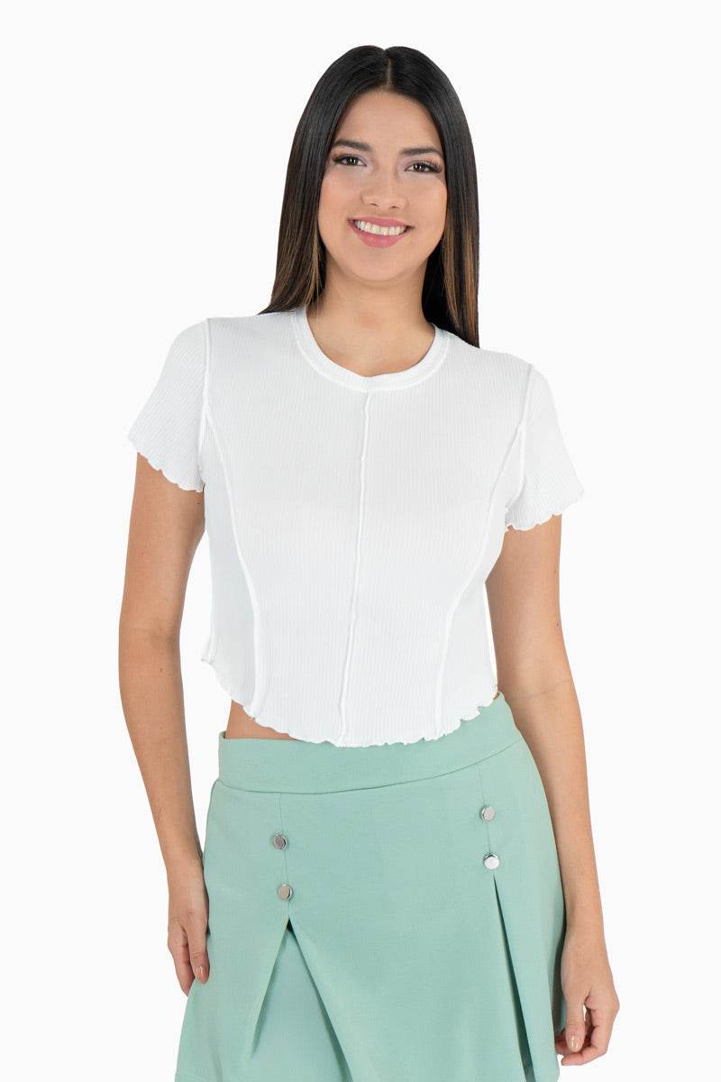 Playera para Mujer Manga Corta Cuello Redondo con Cortes al Frente y Costura Visible - Santory Ropa  (7473585684547)