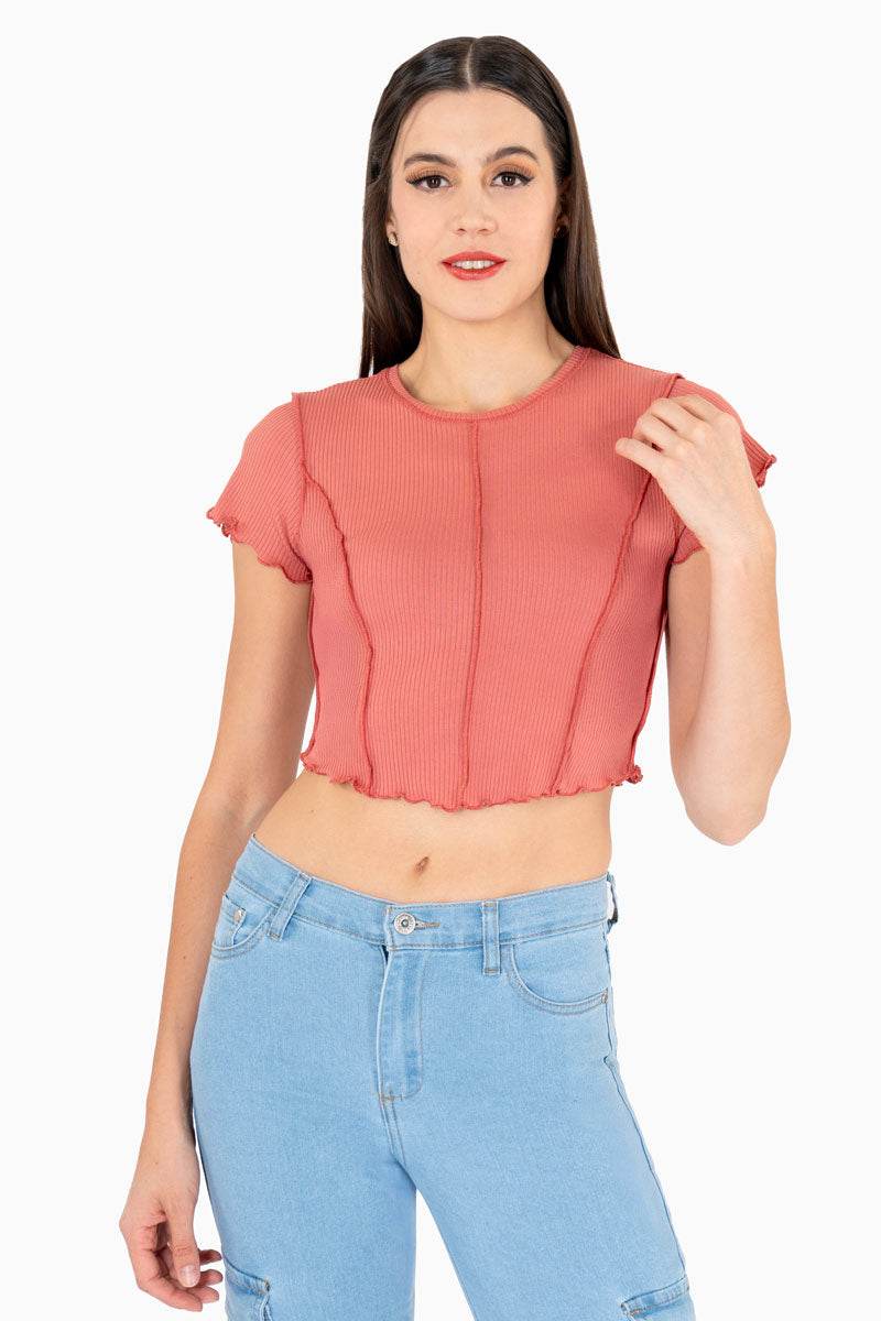 Playera para Mujer Manga Corta Cuello Redondo con Cortes al Frente y Costura Visible - Santory Ropa  (7473585684547)