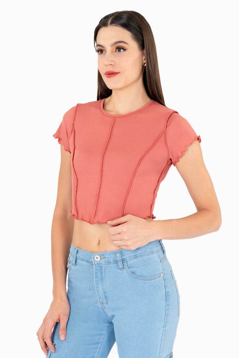 Playera para Mujer Manga Corta Cuello Redondo con Cortes al Frente y Costura Visible - Santory Ropa  (7473585684547)