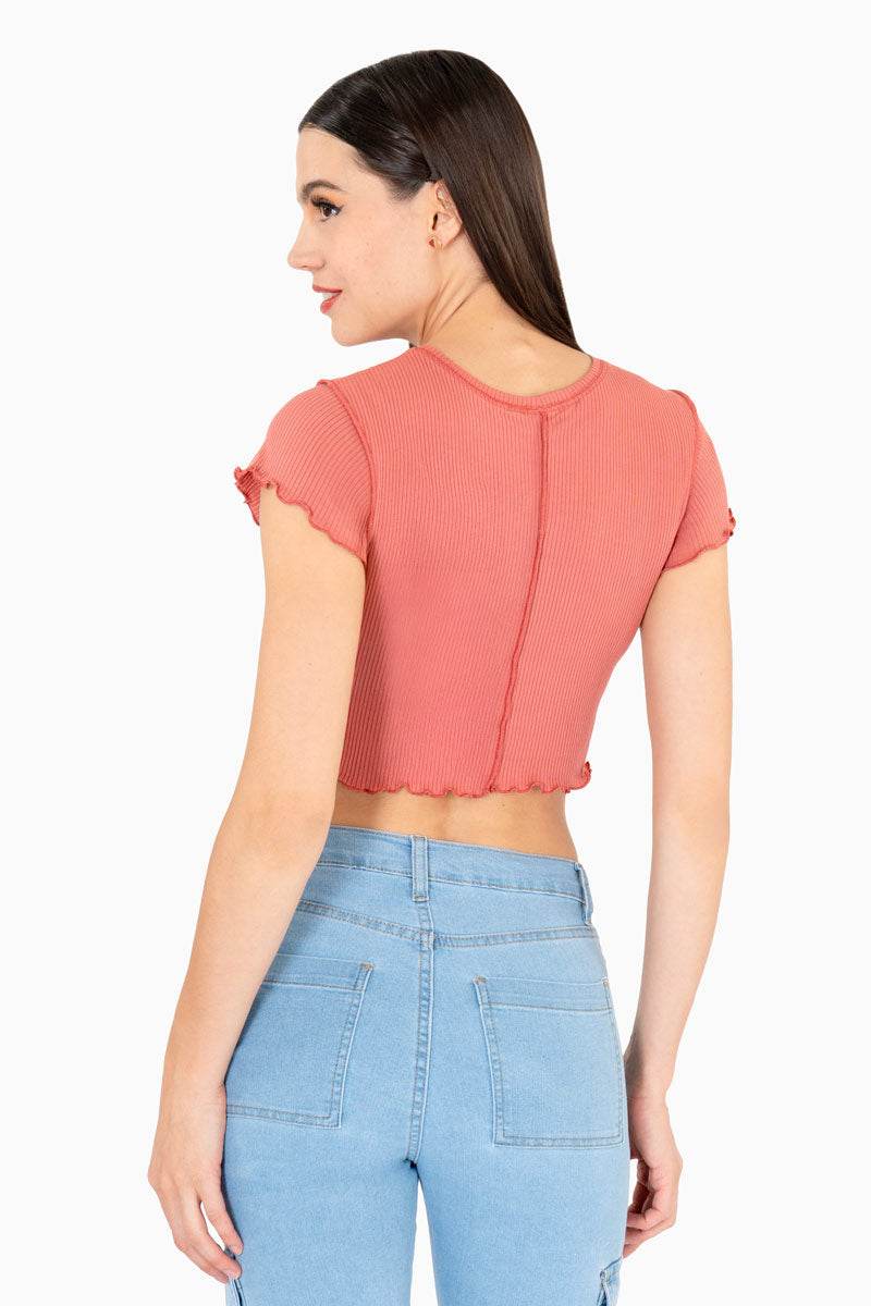 Playera para Mujer Manga Corta Cuello Redondo con Cortes al Frente y Costura Visible - Santory Ropa  (7473585684547)