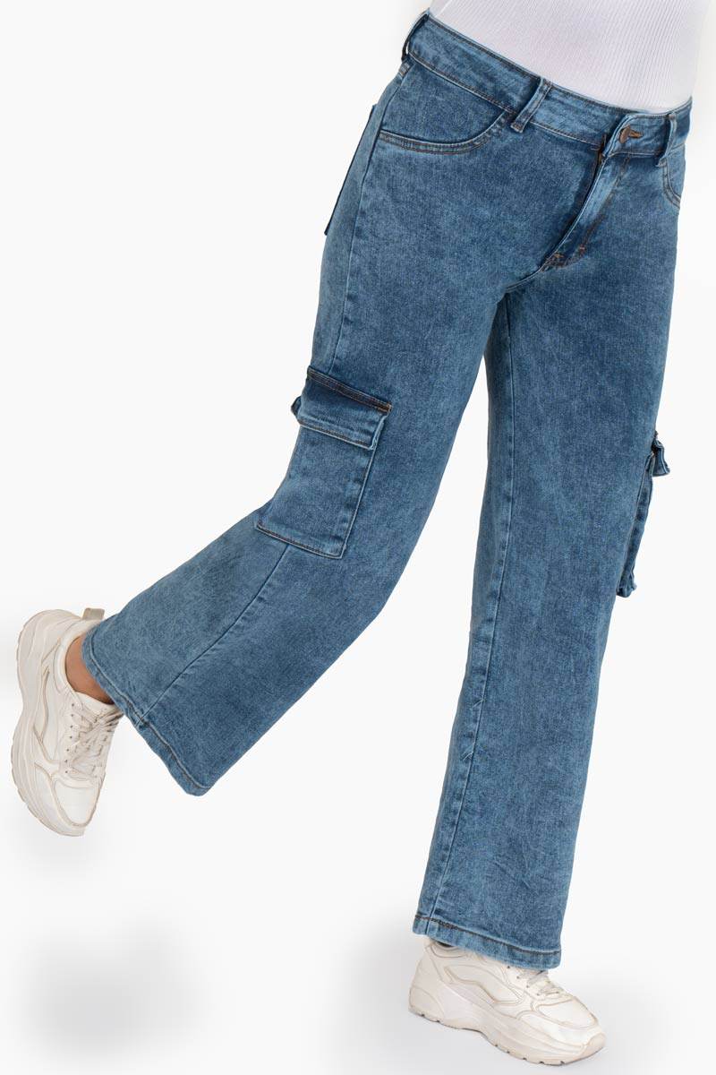 Jeans para Mujer Anchos Tipo Cargo con Múltiples Bolsillos Delanteros - Santory Ropa  (7473585619011)