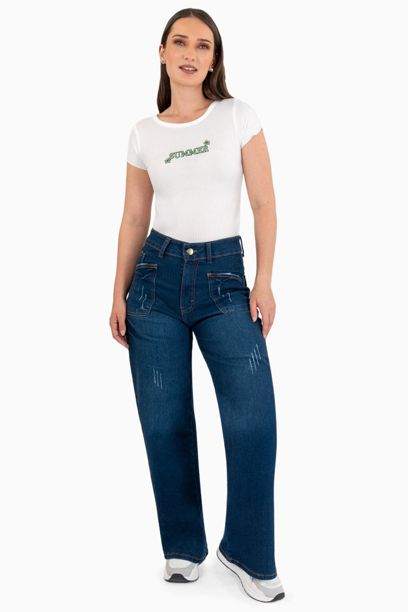 Jeans pierna ancha con bolsas