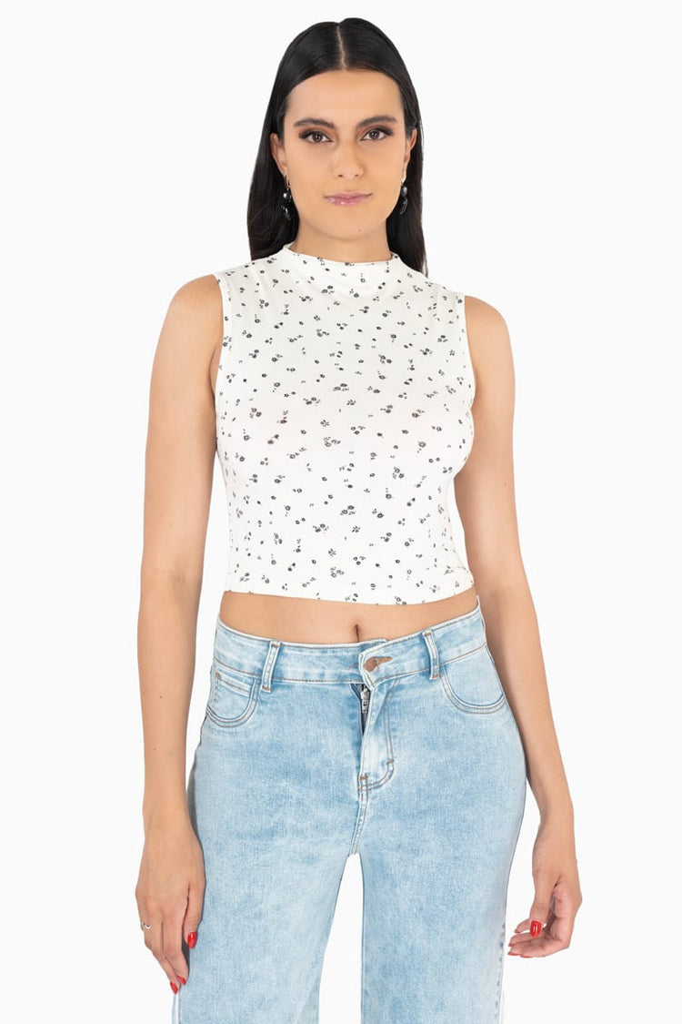Playera estampada sin mangas y cuello alto