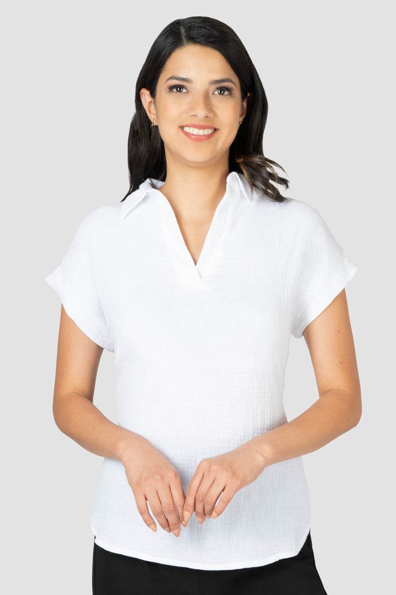 Blusa Blanca para Mujer Lisa Escote V Manga Corta - Santory Ropa  (7474248974403)