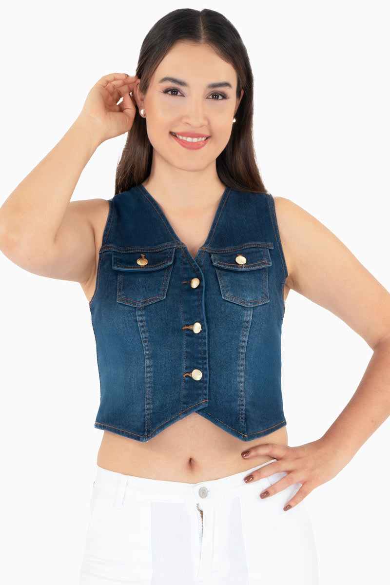 Chaleco corto de mezclilla con bolsas