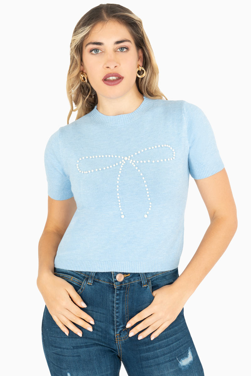 Blusa tejida con perlas y manga corta