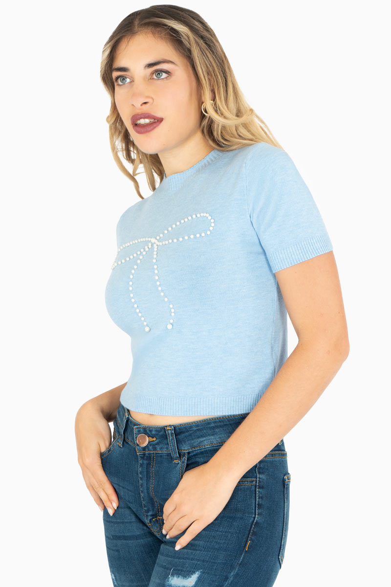 Blusa tejida con perlas y manga corta
