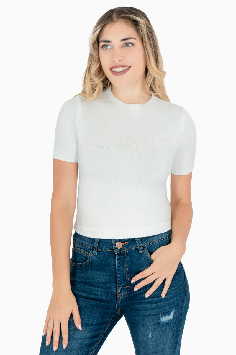 Blusa tejida con perlas y manga corta