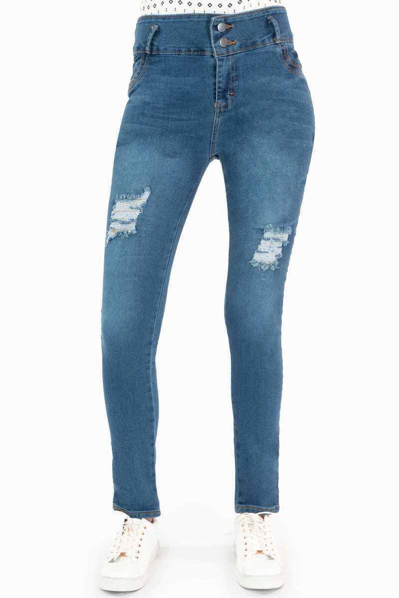 Jeans Skinny Para Mujer de Tiro Alto con Destrucción