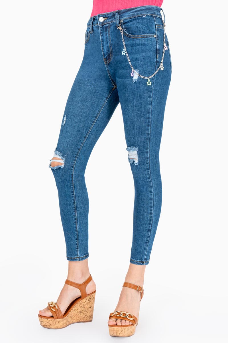 Pantalón De Mezclilla Skinny Con Destrucción - Tiro Medio Stretch Azul - Santory Ropa  (7474248941635)