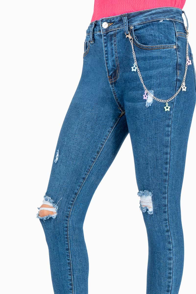 Pantalón De Mezclilla Skinny Con Destrucción - Tiro Medio Stretch Azul - Santory Ropa  (7474248941635)