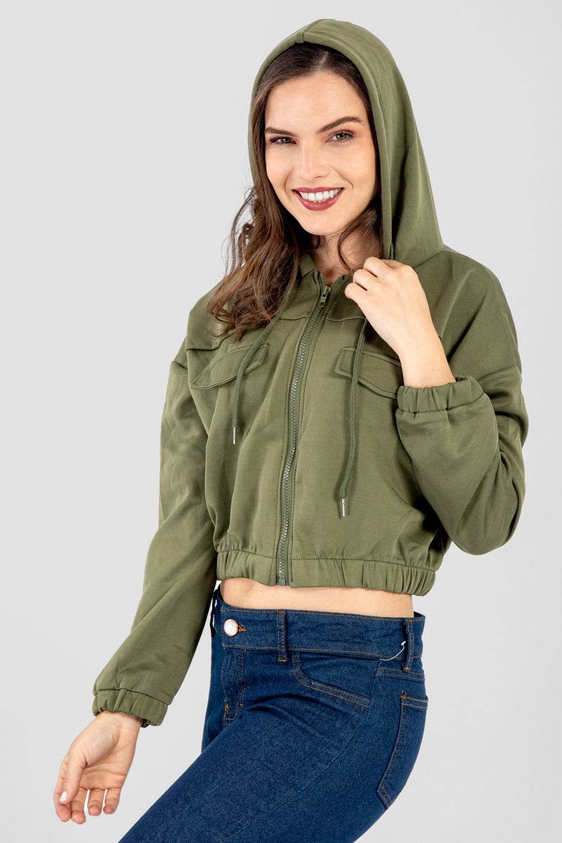Sudadera crop lisa con capucha y bolsas - Santory Ropa  (6772122157123)