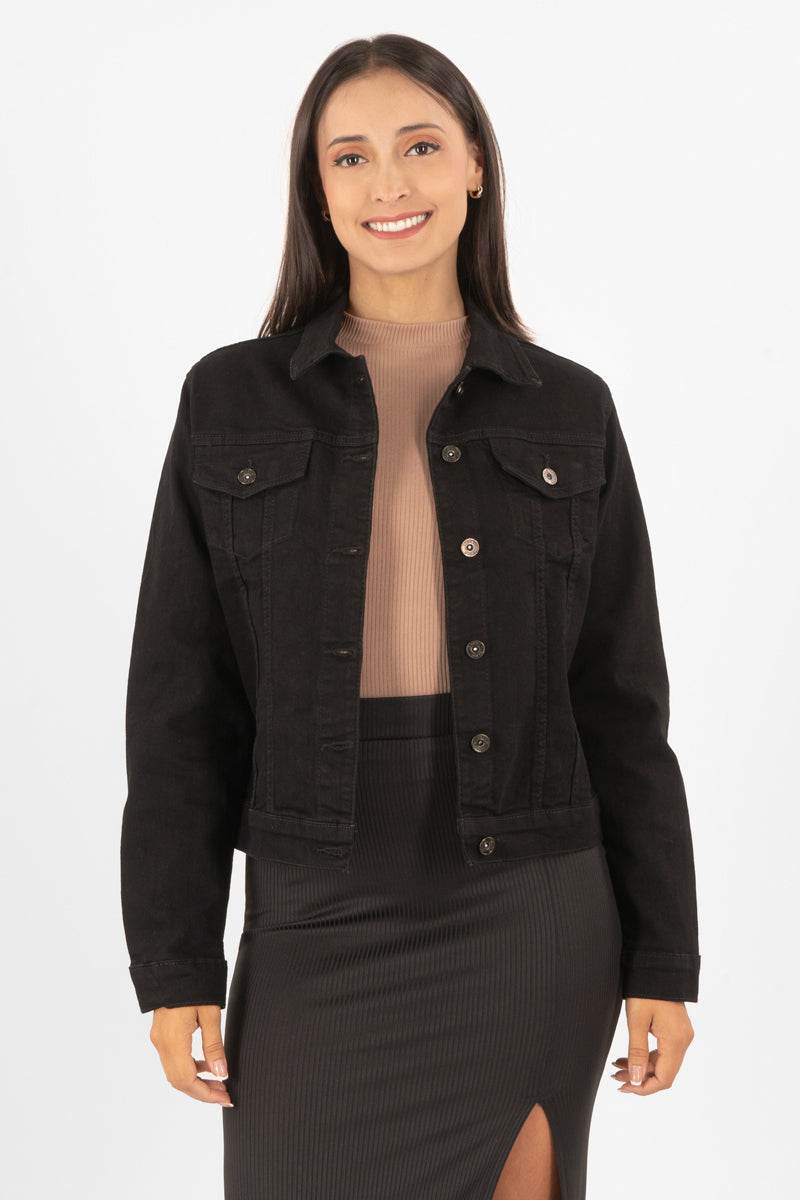 Chamarra negra de mezclilla con bolsas - Santory Ropa  (6622357749827)